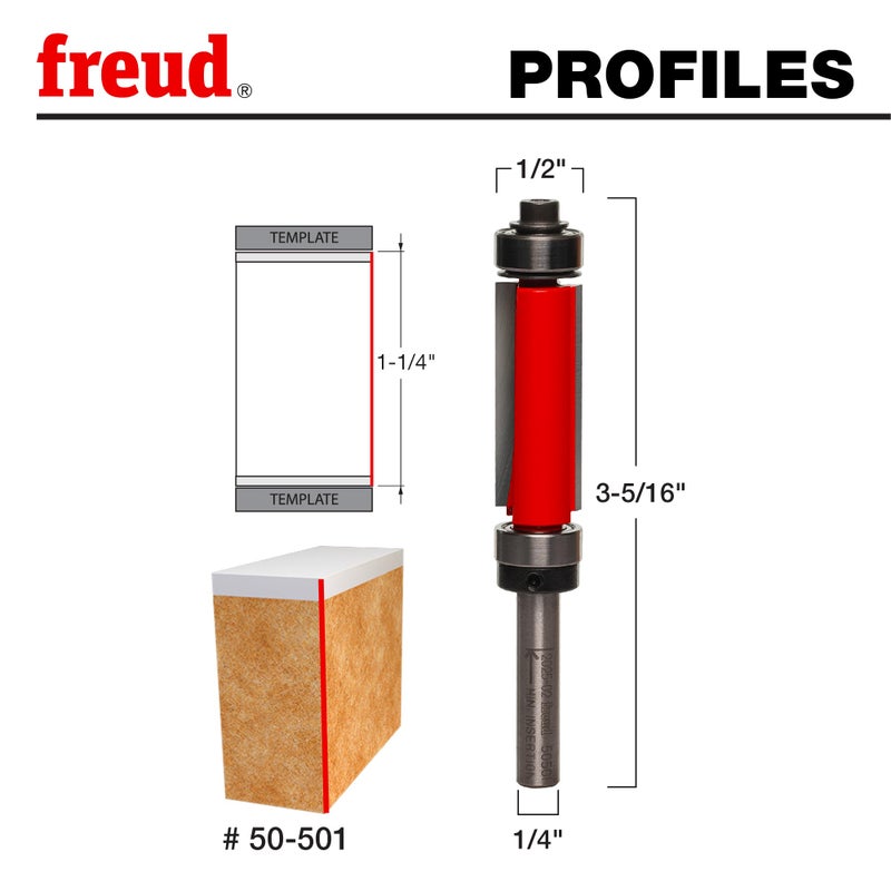 Freud 1/2" Top & Bottom Bearing Flush Trim Router Bit with Tico Hi-Density Carbide for Maximum Performance - Ideal for Template Work & Laminate Routing, 1/2" Diameter, 1/4" Shank, 2 Cutters - 50-501 - Image 2